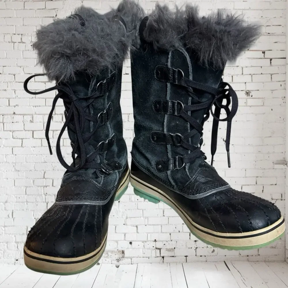Sorel Joan of Arctic Black Boots Sz 7 Womens Cold Weather Lace Up Faux Fur‎ Trim